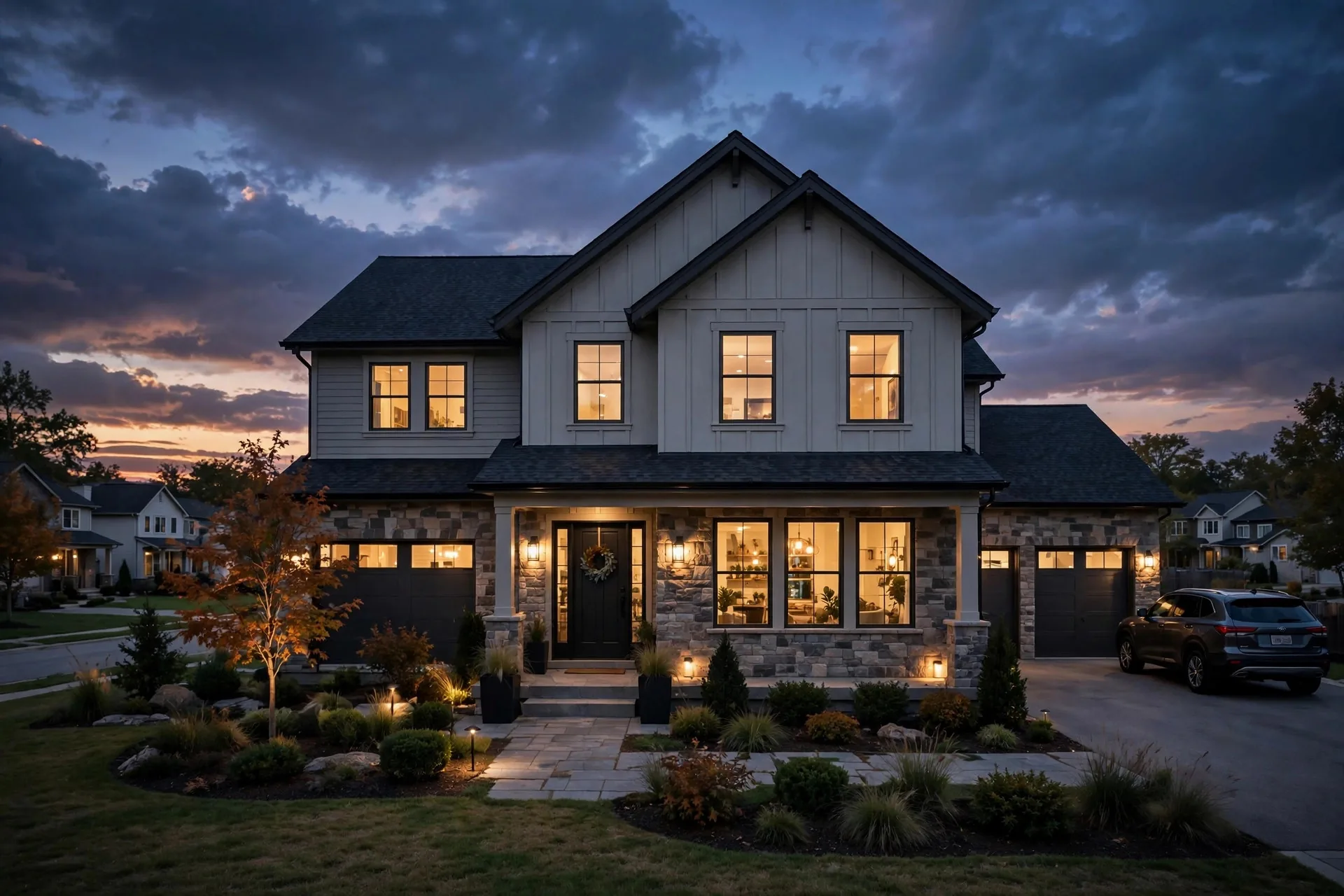 Home exterior at dusk
